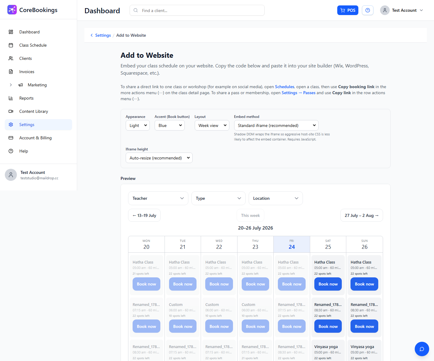 CoreBookings Add to Website settings with Layout set to Week view