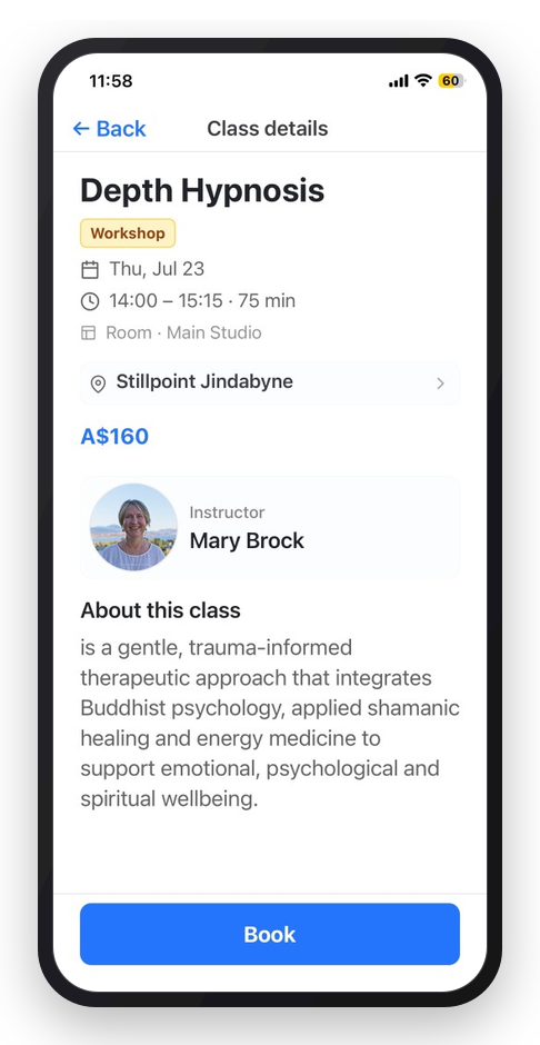 CoreBookings class details displayed on an iPhone