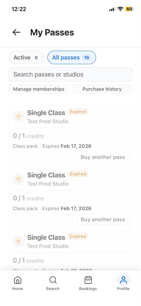CoreBookings app My Passes screen showing studio-specific passes