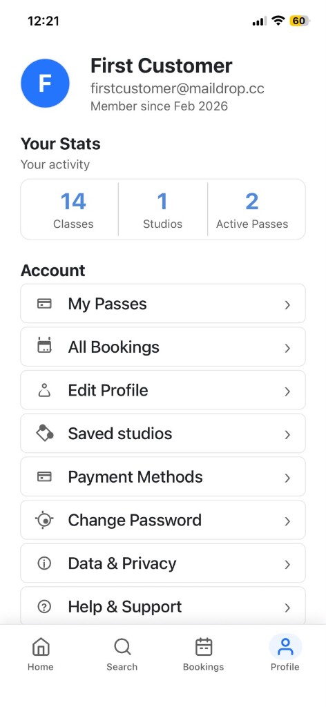 CoreBookings app Profile tab showing passes, bookings and saved studios