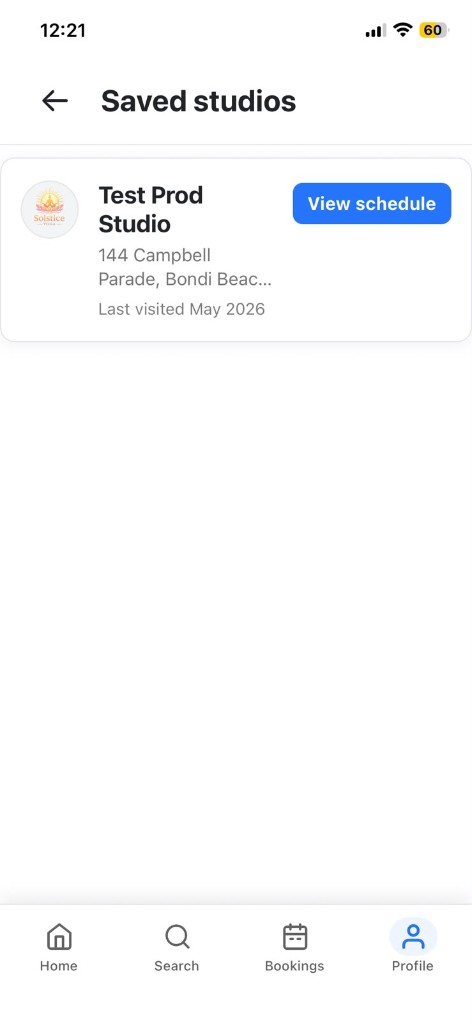 CoreBookings app Saved studios screen