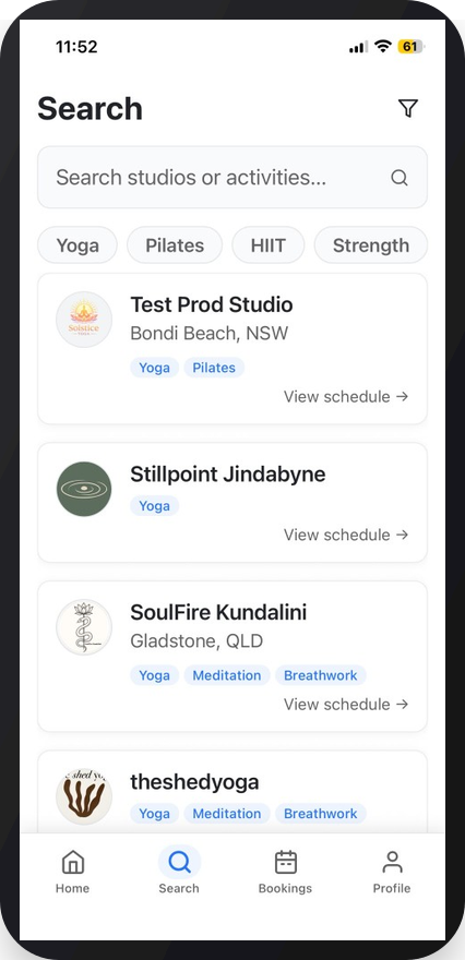 CoreBookings mobile app Search tab on iPhone