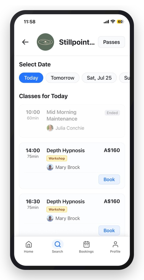 CoreBookings studio schedule displayed on an iPhone