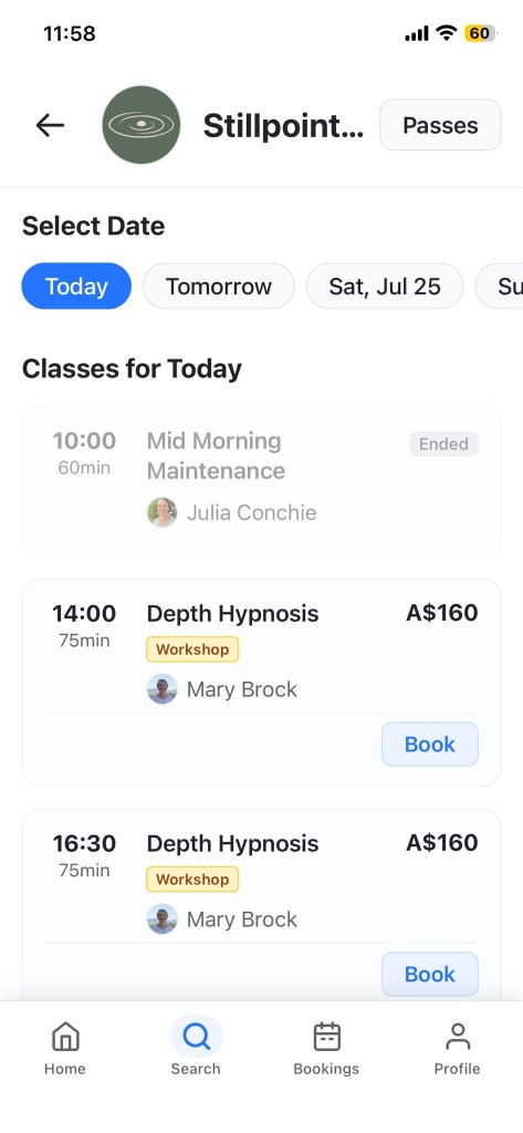 CoreBookings client app showing a studio schedule with available classes to book