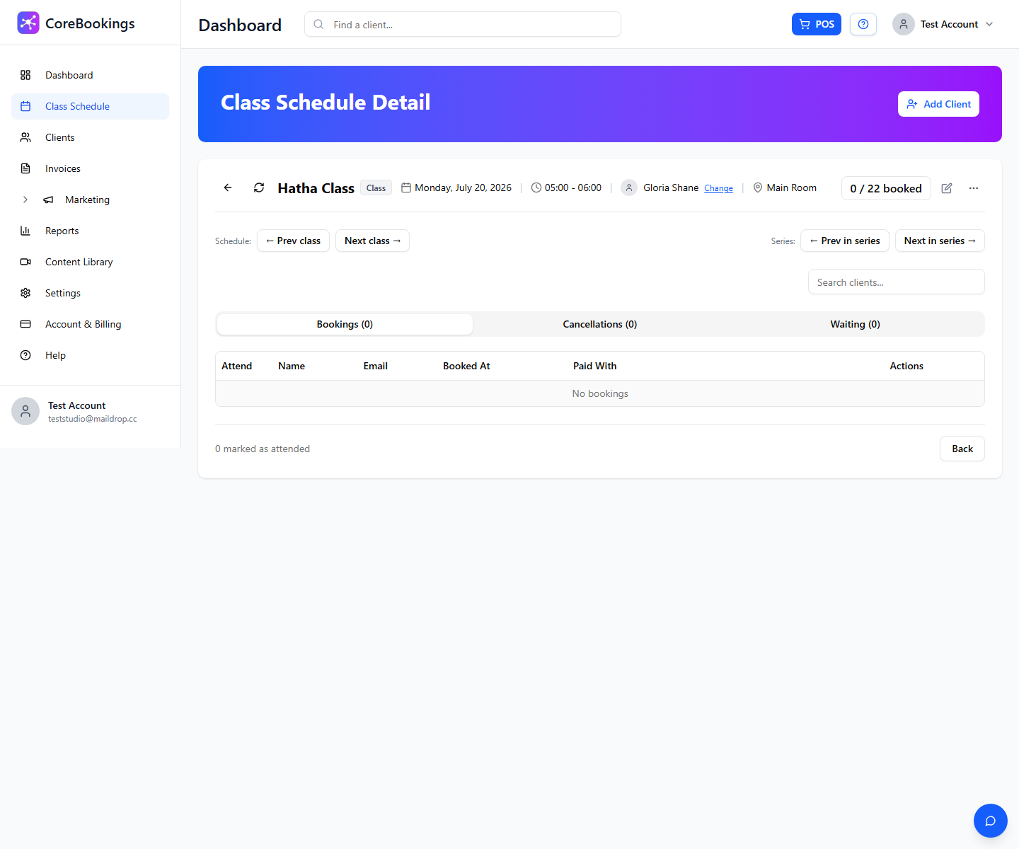CoreBookings class detail page with Attend toggles on the Bookings tab