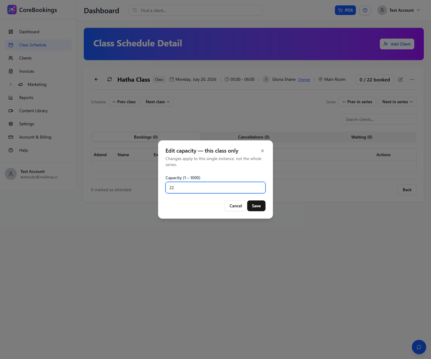 CoreBookings Edit capacity dialog for a single class session