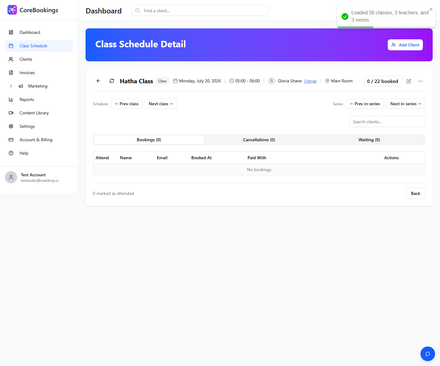 CoreBookings Class Schedule Detail page showing the booked capacity badge