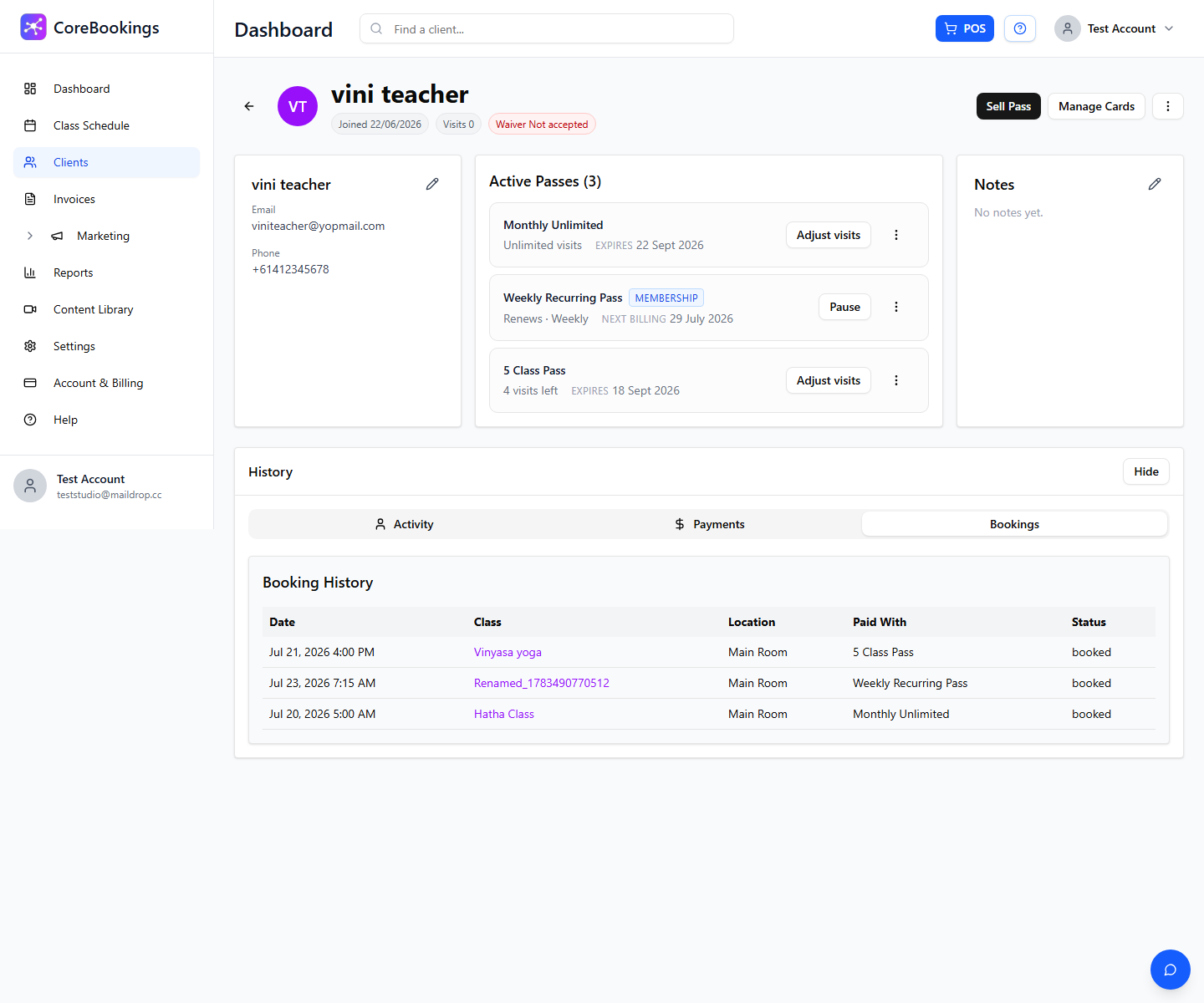 CoreBookings client profile Booking History tab
