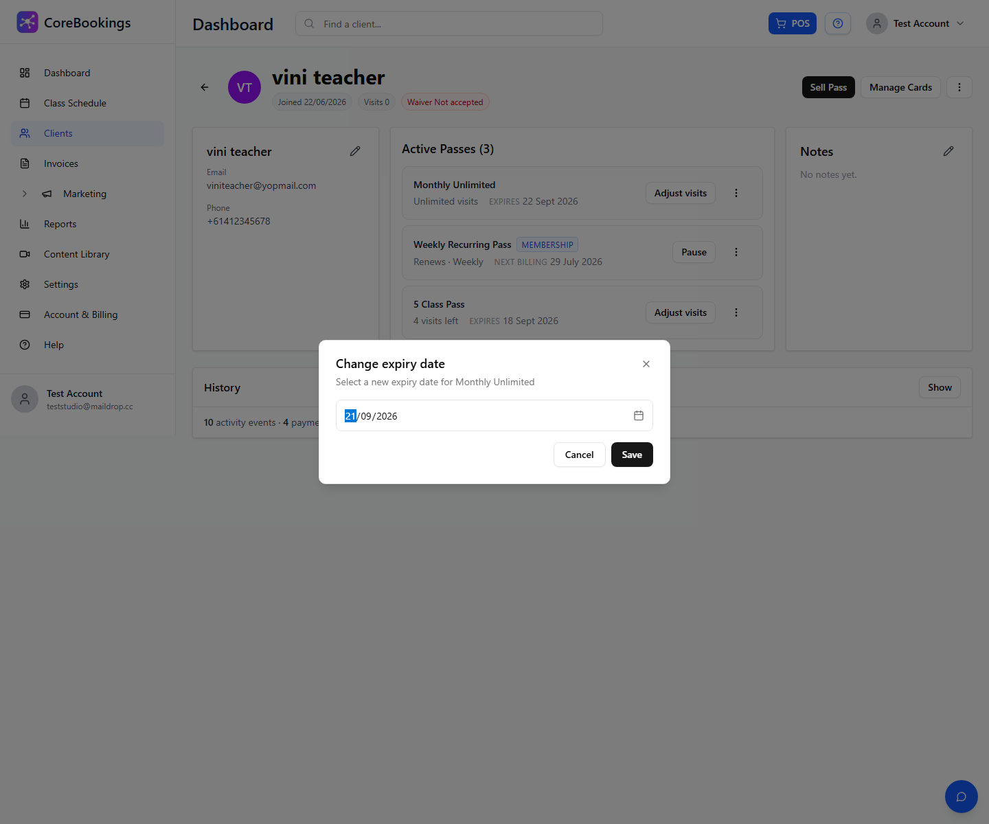 CoreBookings Change expiry date dialog on a client profile