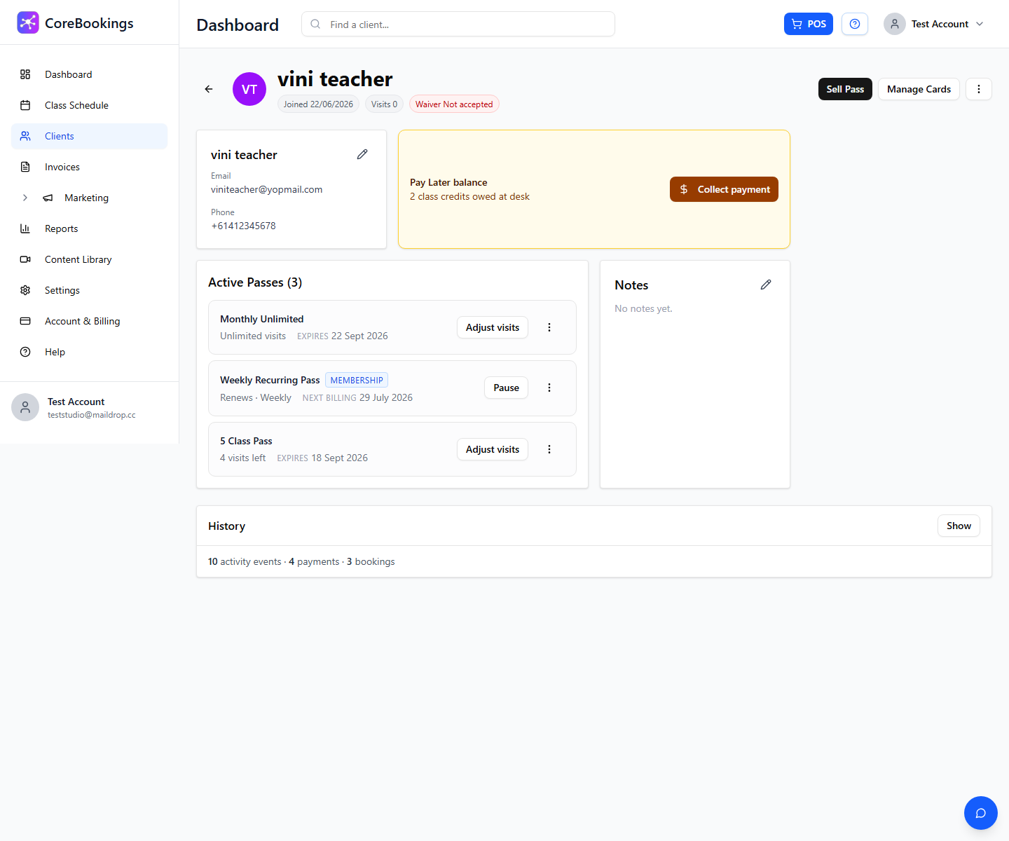 Client profile Pay Later balance banner with Collect payment