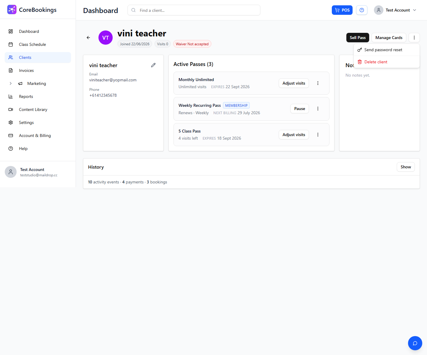 Send password reset option on a CoreBookings client profile