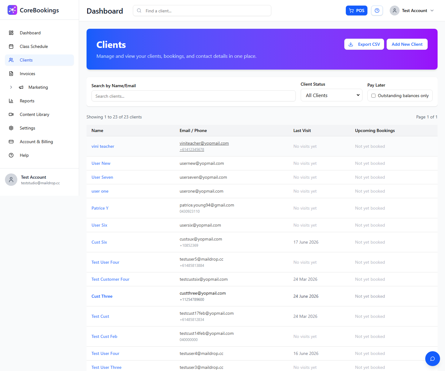 CoreBookings Clients page with search, Client Status filter, and Export CSV button