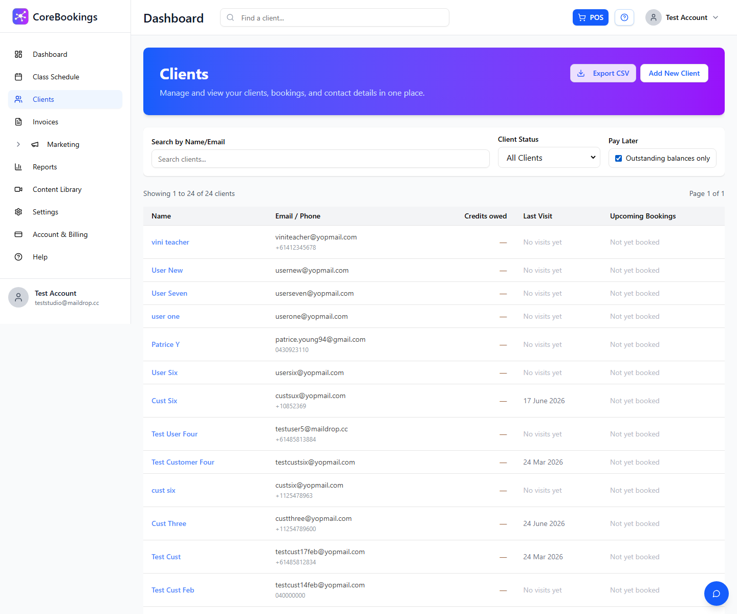 CoreBookings Clients page with Pay Later Outstanding balances only filter enabled