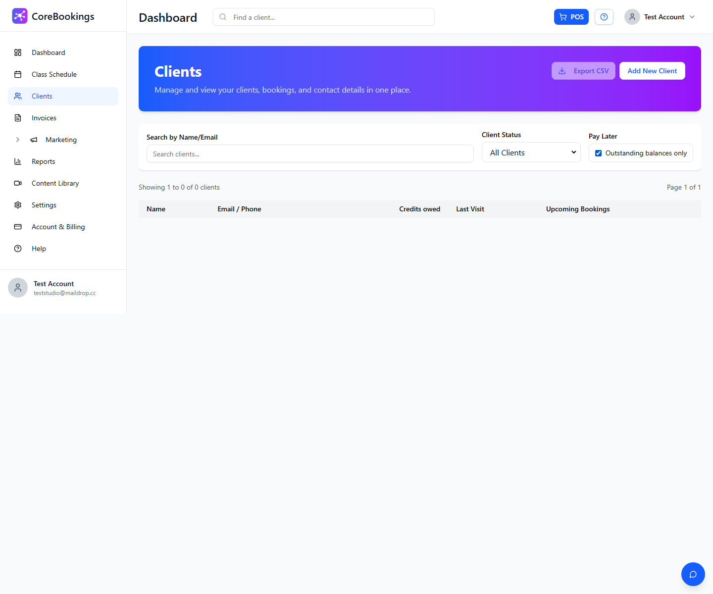 Clients list with Pay Later Outstanding balances only filter and Credits owed column