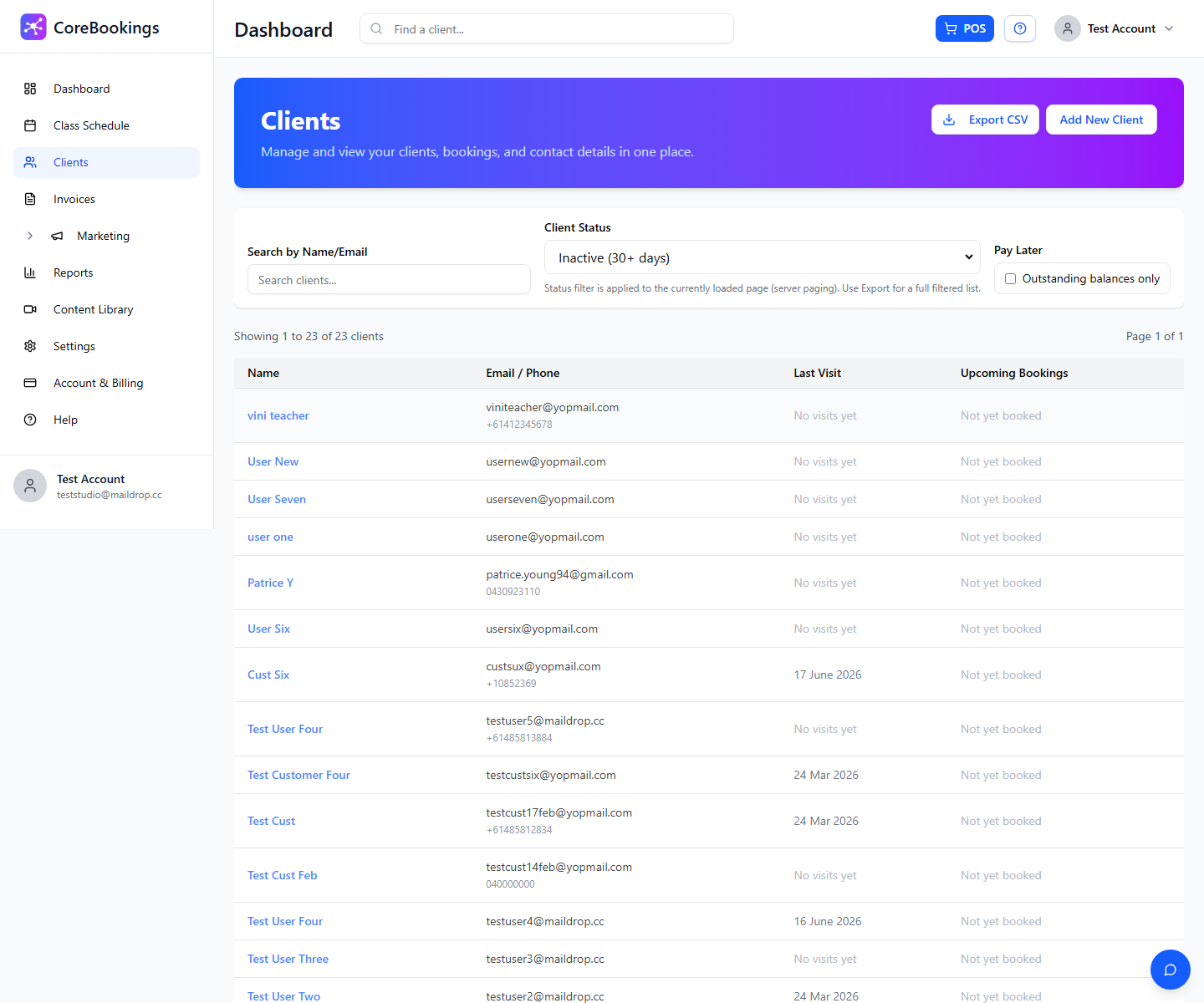 CoreBookings Clients page with Client Status filter set to Inactive