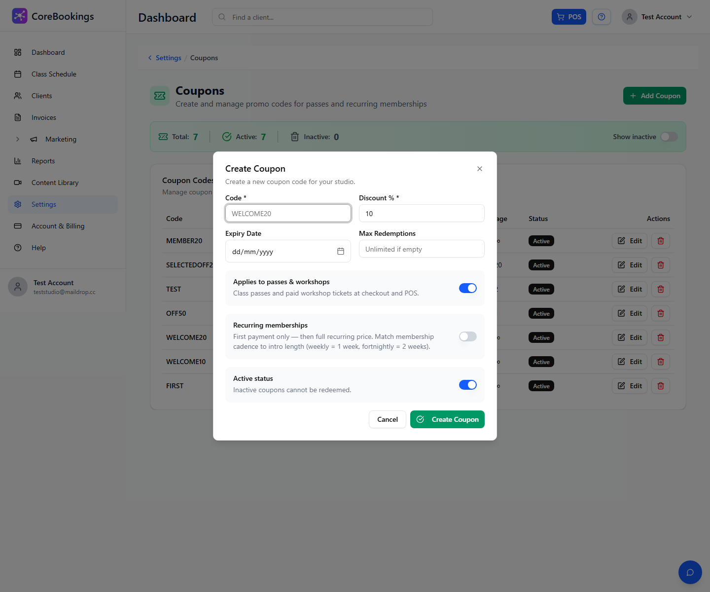 CoreBookings Create Coupon dialog with code, discount, expiry, and applicability fields