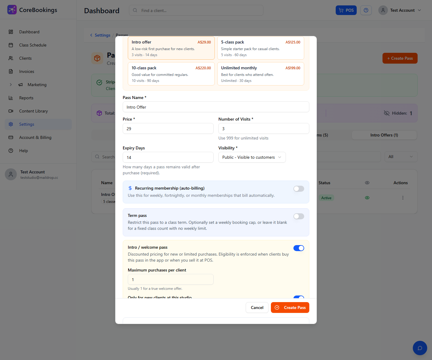 CoreBookings Create New Pass dialog with Intro welcome pass settings