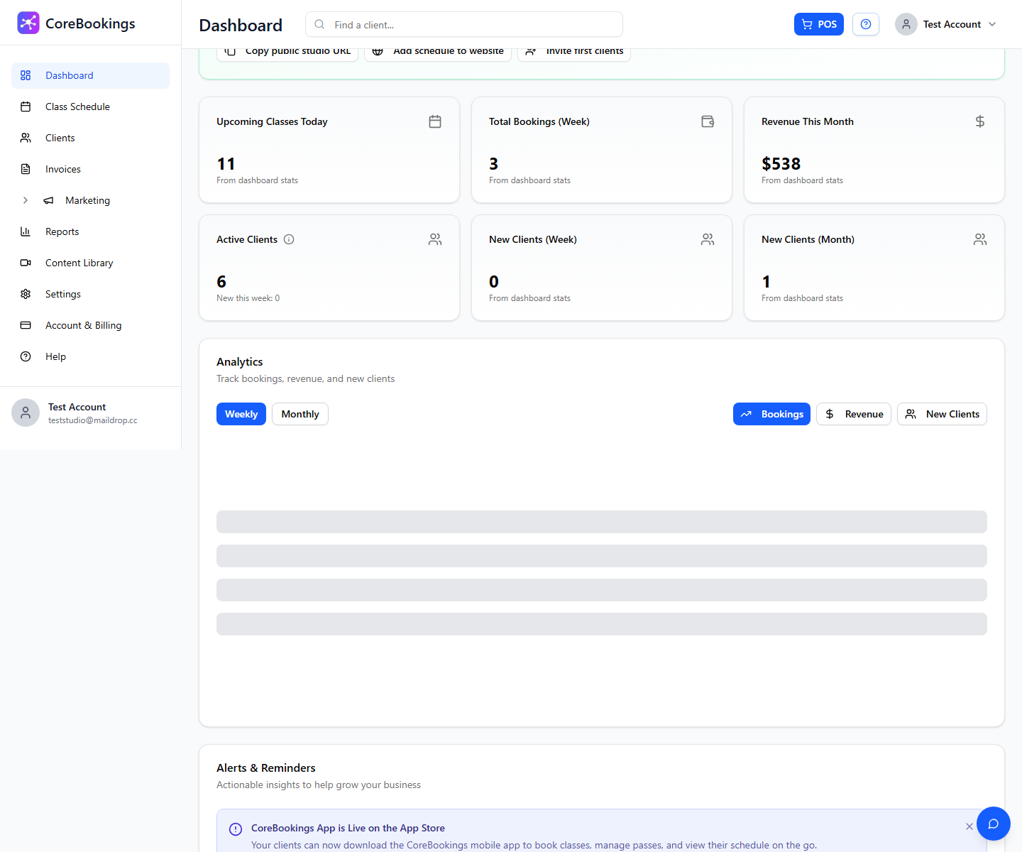 CoreBookings Dashboard Alerts and Reminders section