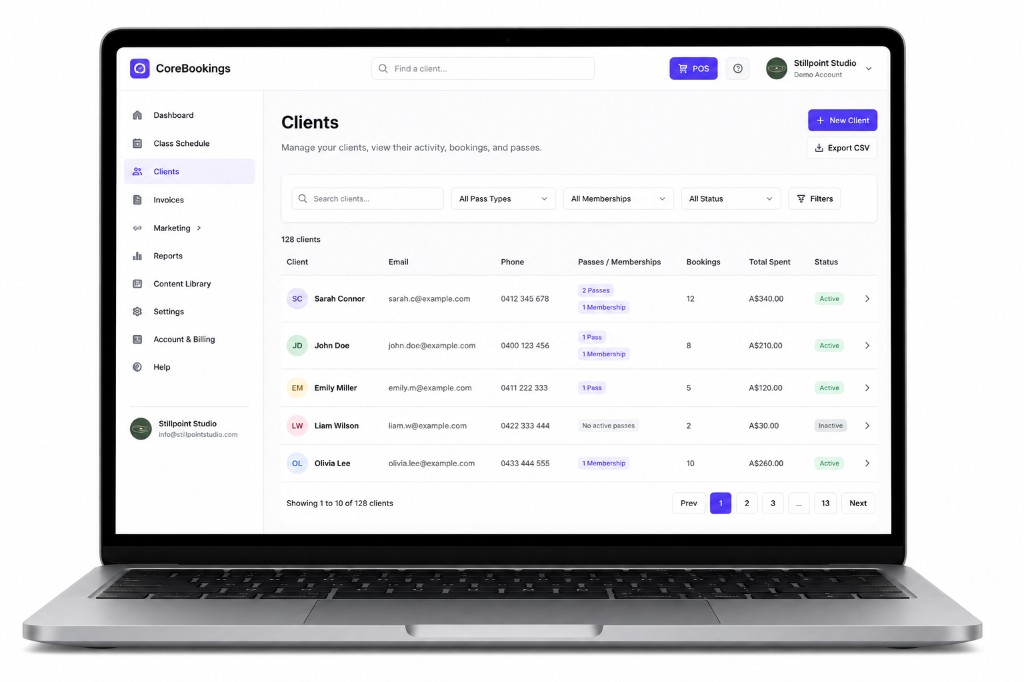 CoreBookings clients dashboard on laptop