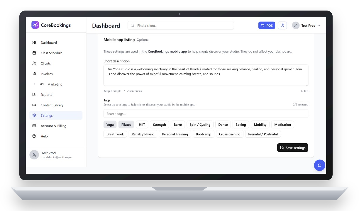 CoreBookings Mobile app listing settings displayed on a laptop