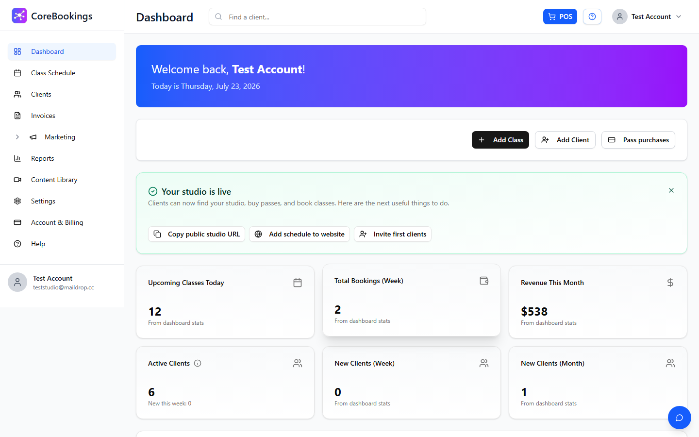CoreBookings dashboard sidebar showing Dashboard, Class Schedule, Clients, Settings and other navigation items