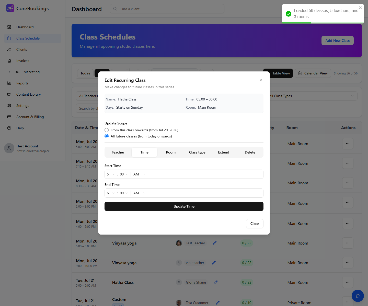 CoreBookings Edit Recurring Class dialog with Time tab and update scope options