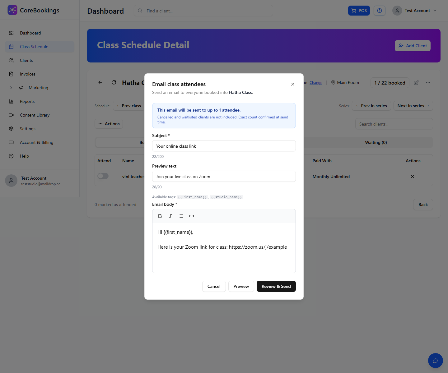 CoreBookings Email class attendees dialog with Subject, Preview text, and meeting link in the email body