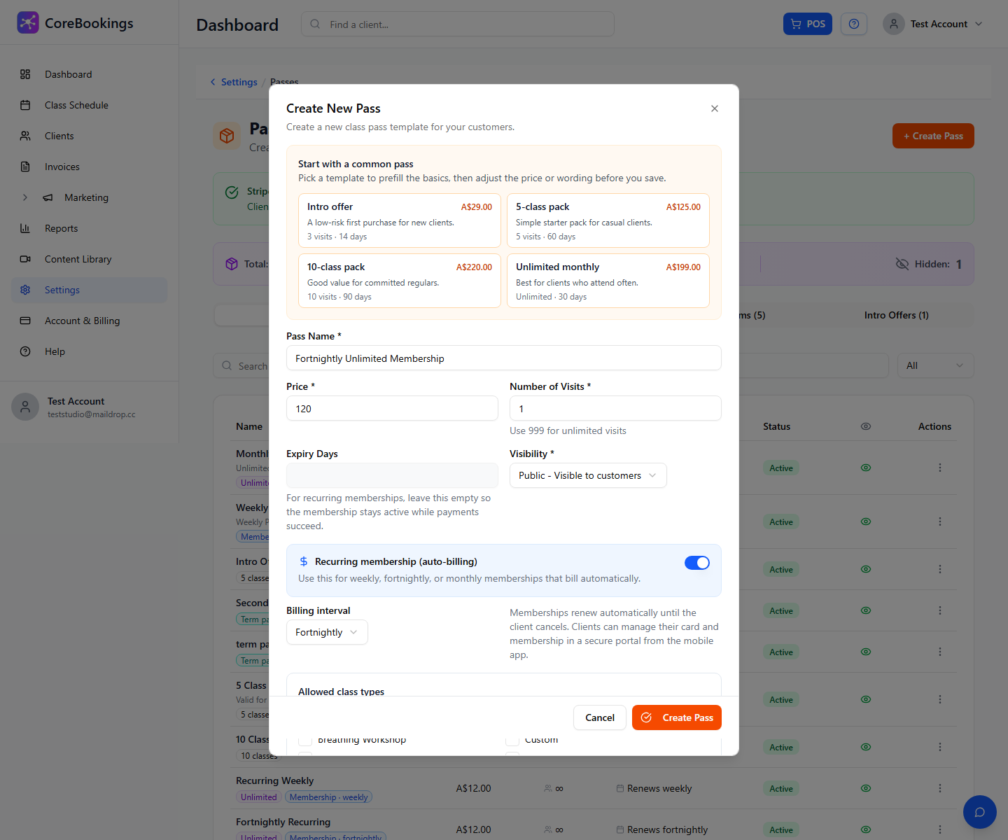 CoreBookings pass editor with Recurring membership, Fortnightly billing interval, and 999 visits