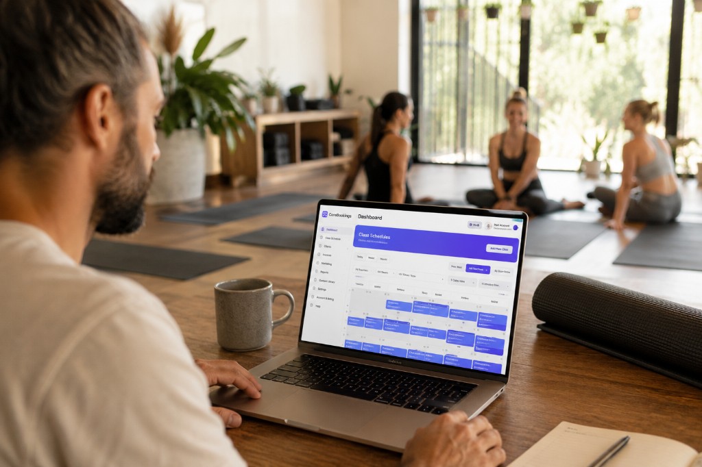 Studio owner using CoreBookings on a laptop
