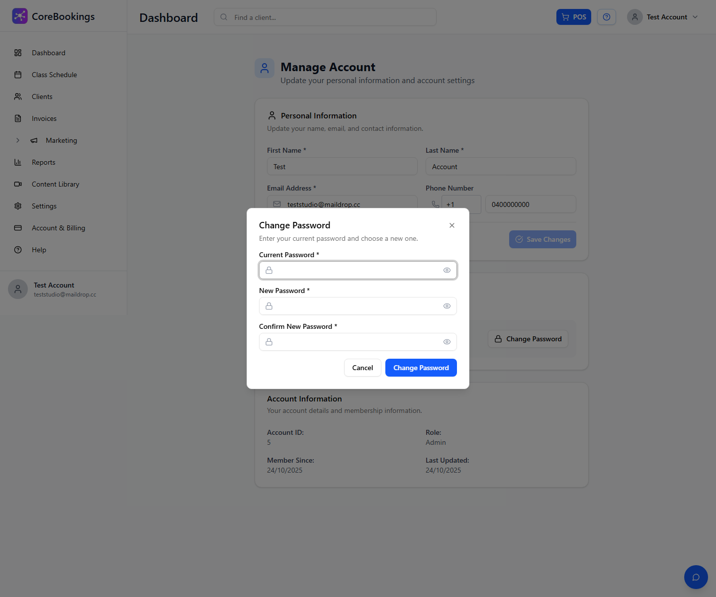 CoreBookings Change Password dialog with current and new password fields