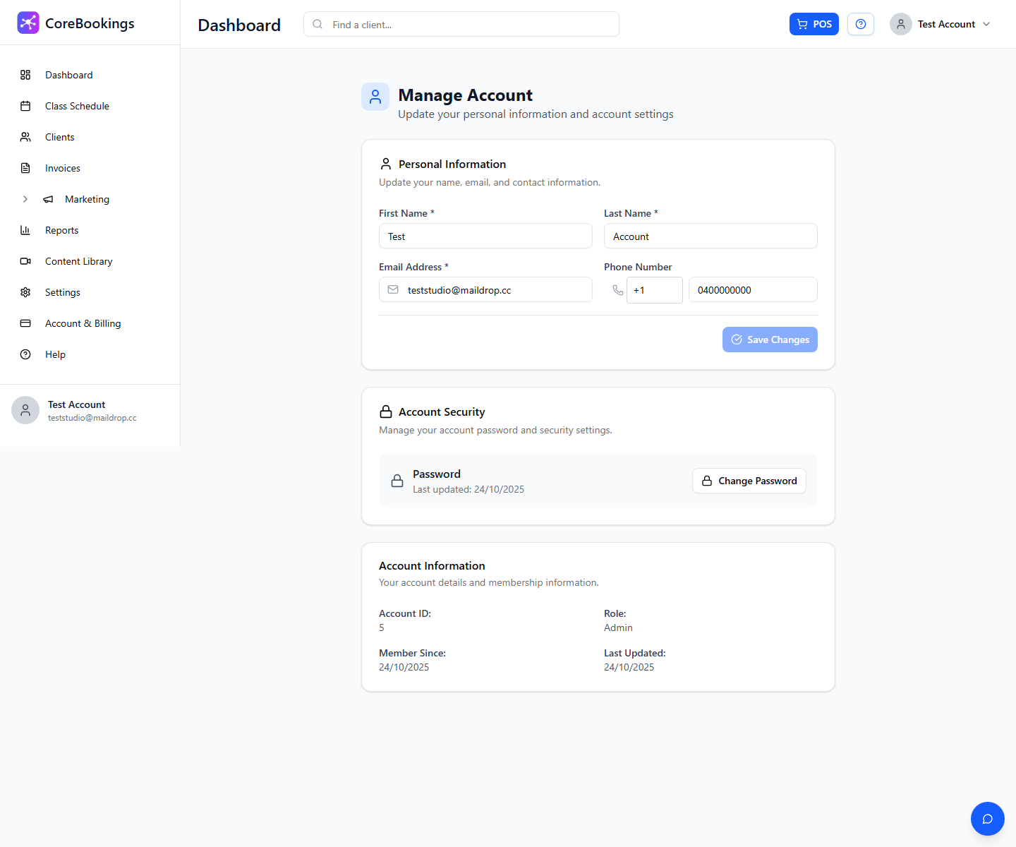 CoreBookings Manage Account page showing Personal Information fields