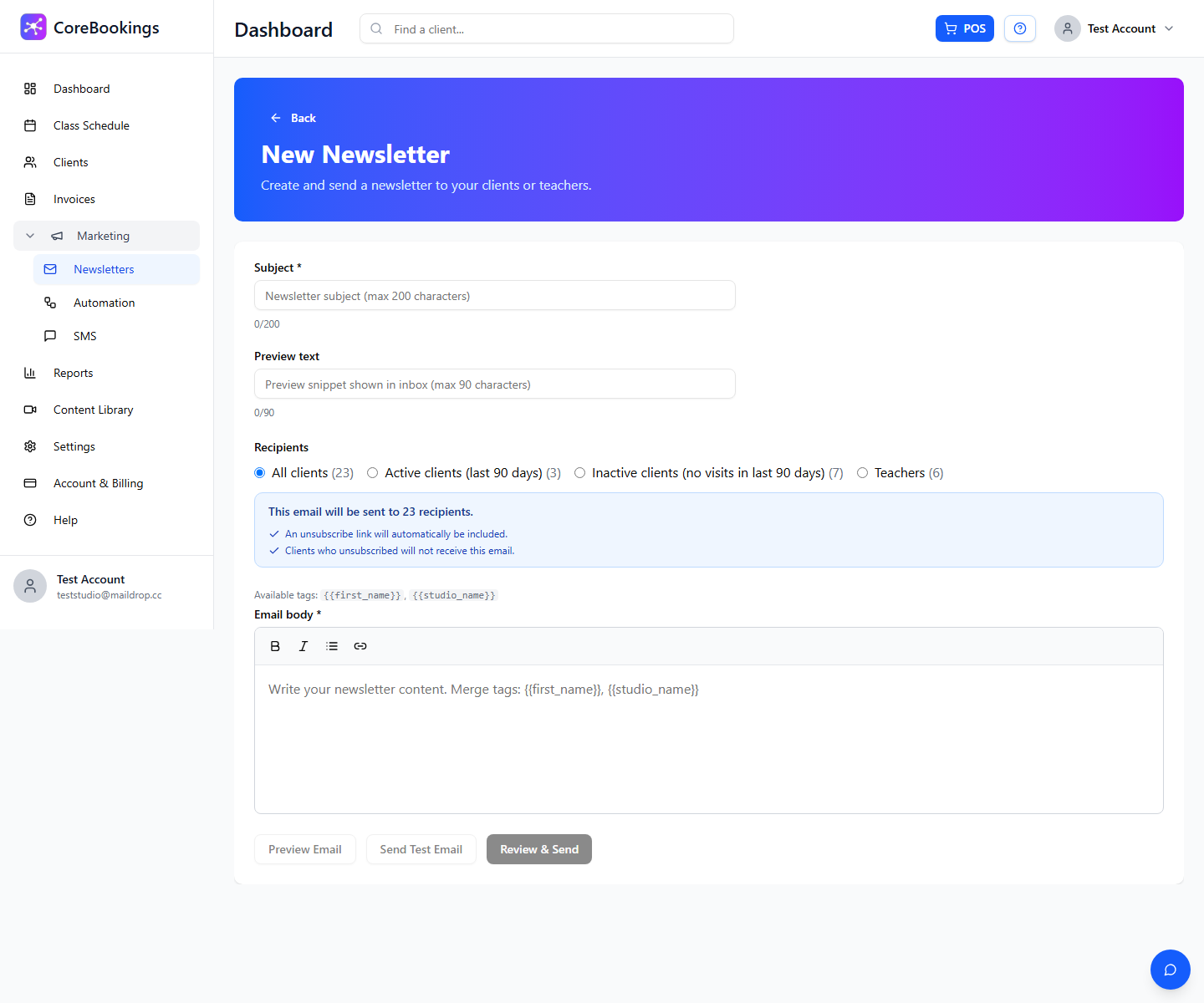 New newsletter compose screen with recipient options