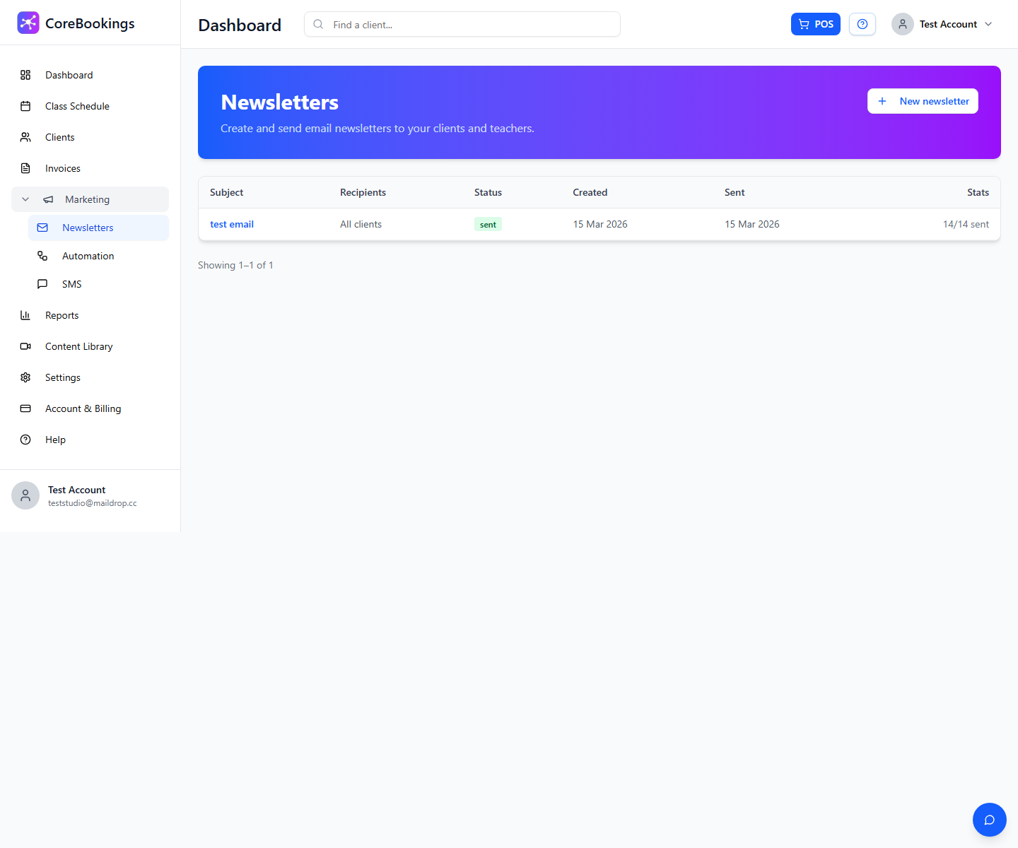 Marketing Newsletters page in the CoreBookings dashboard