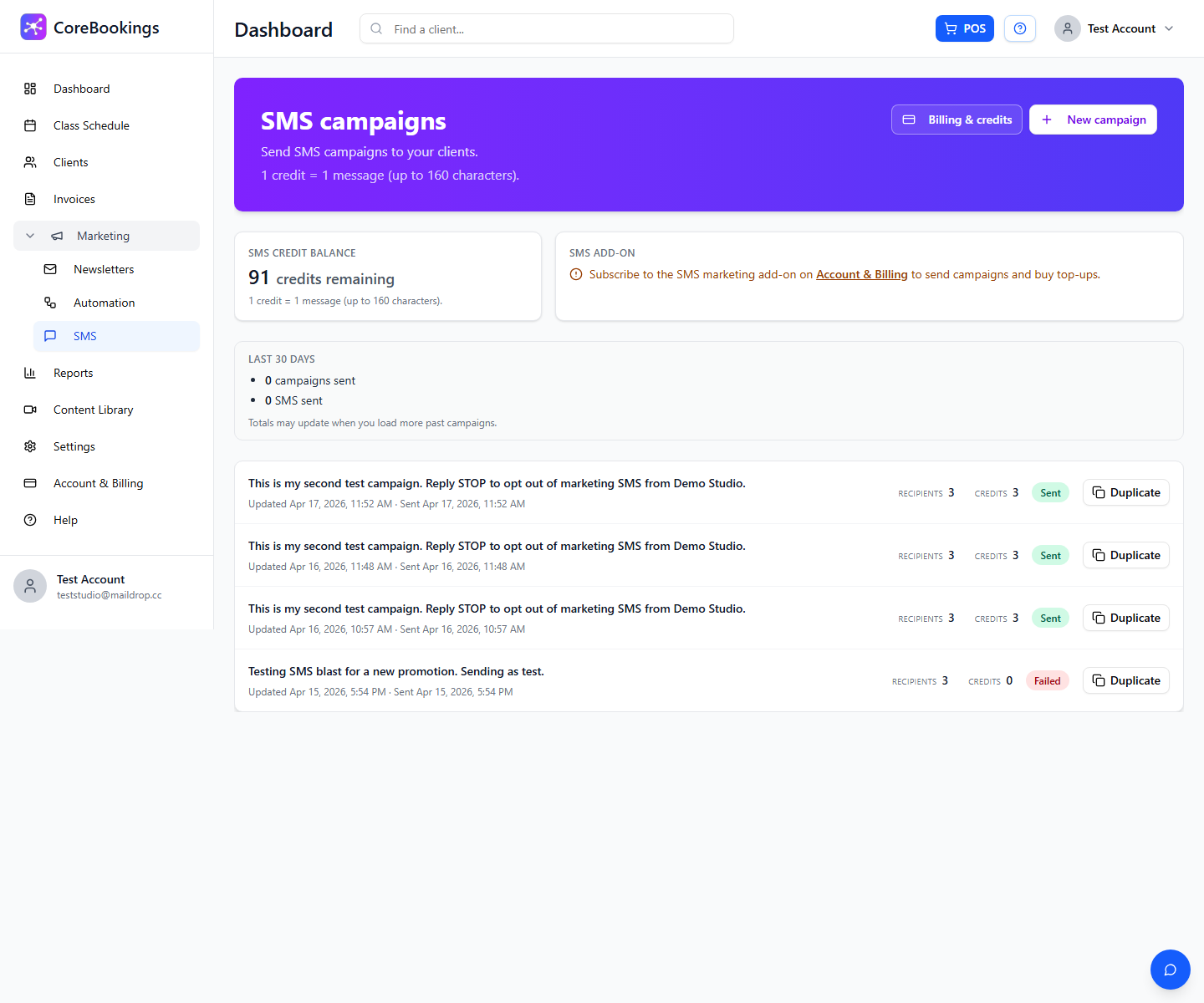 Marketing SMS campaigns page in the CoreBookings dashboard