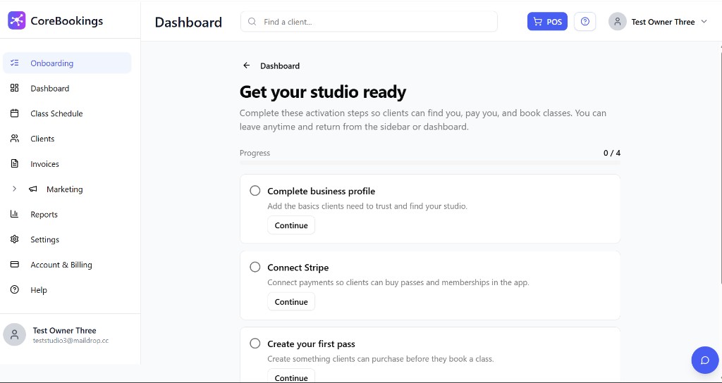 CoreBookings Onboarding page with four activation steps