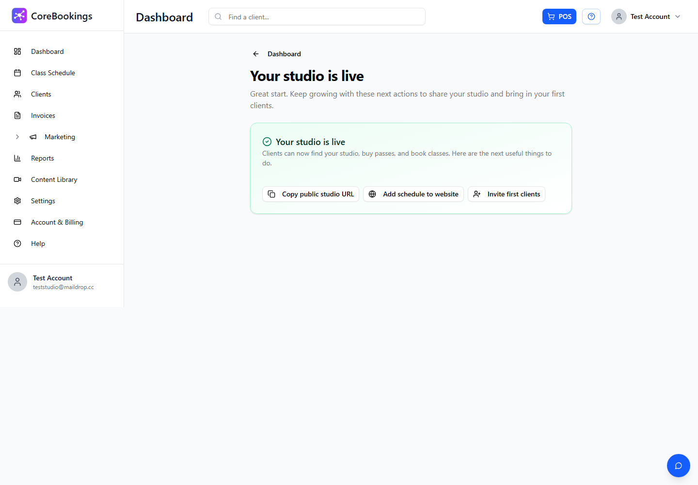 CoreBookings onboarding page showing Your studio is live with next-step actions