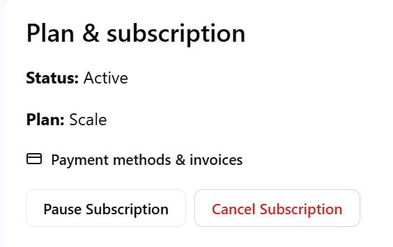 CoreBookings Plan and subscription section showing Pause Subscription and Cancel Subscription buttons