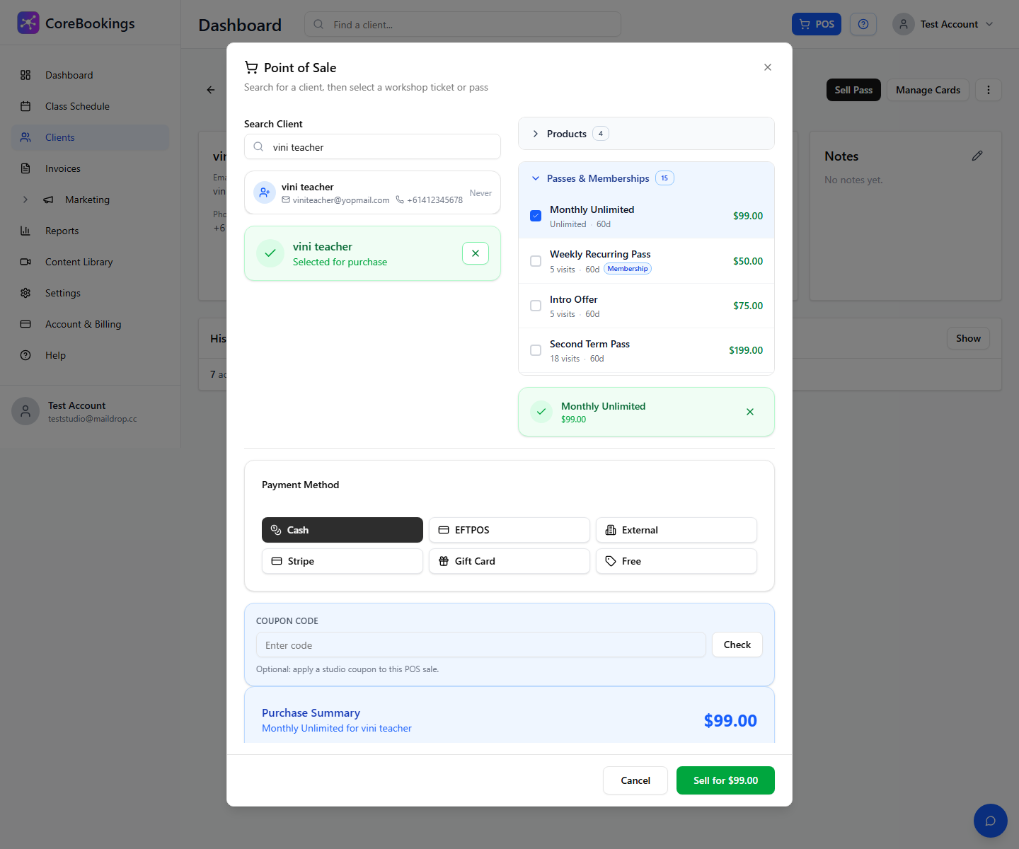CoreBookings Point of Sale with Cash payment method selected