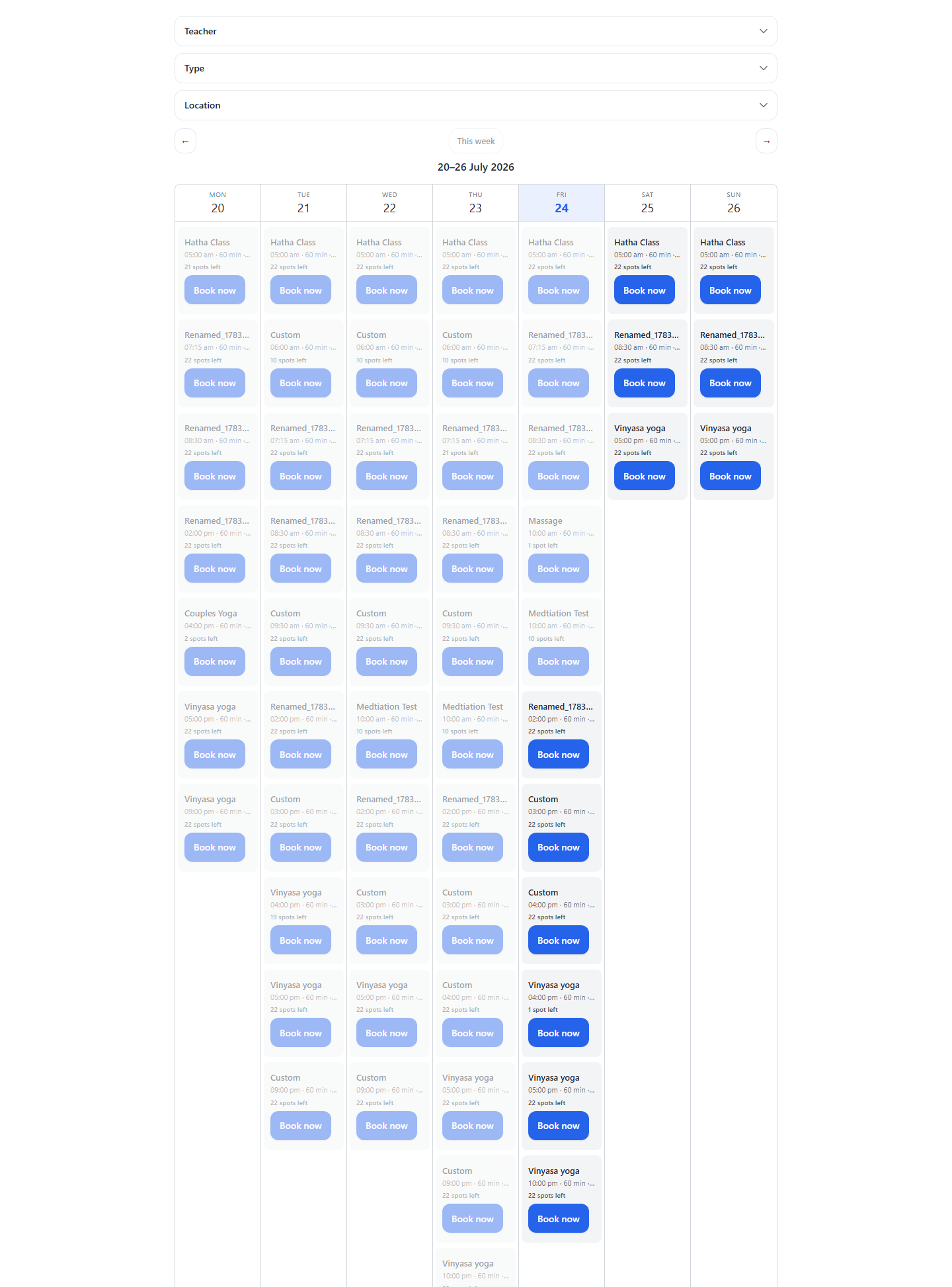 CoreBookings public schedule in week view with date navigation
