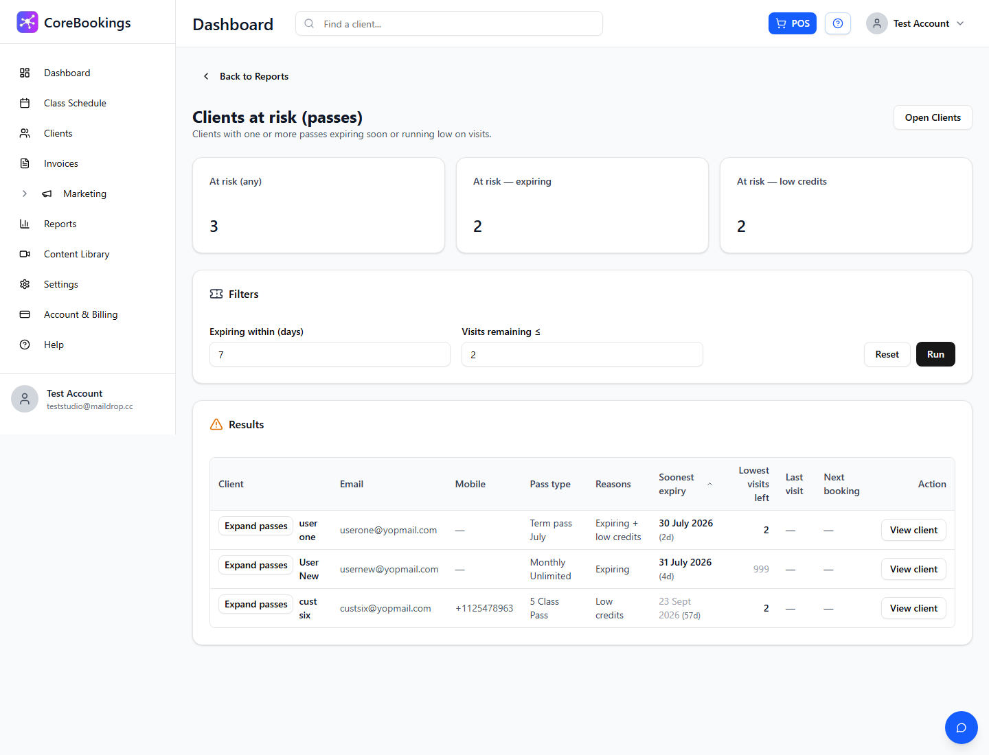 Clients at risk report with expiring days and visits remaining filters