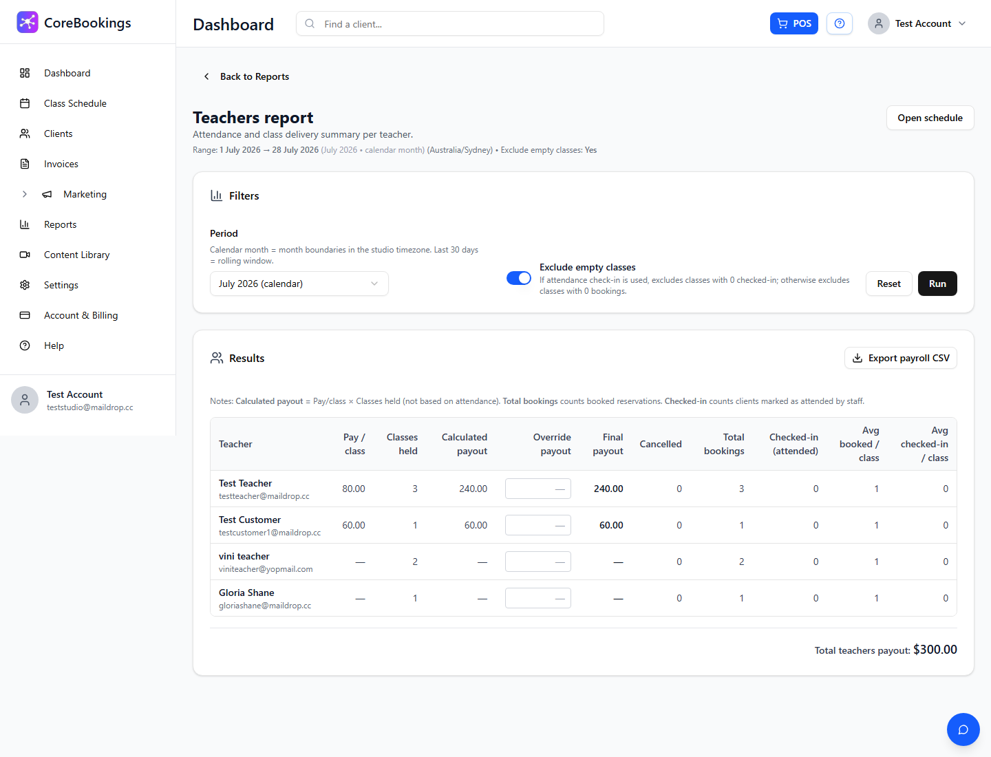 Teachers report with period filter and results table