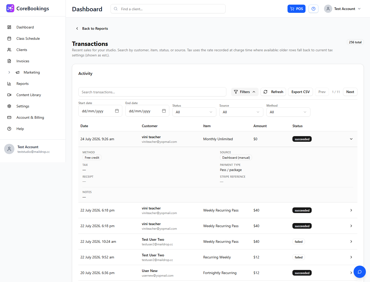 Expanded transaction row showing method, source, tax, receipt, and Stripe reference