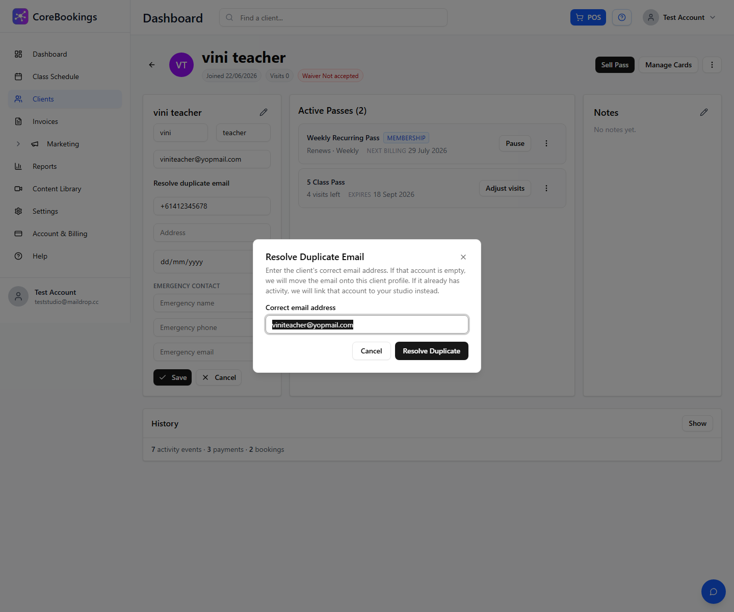 CoreBookings Resolve Duplicate Email dialog with Correct email address field