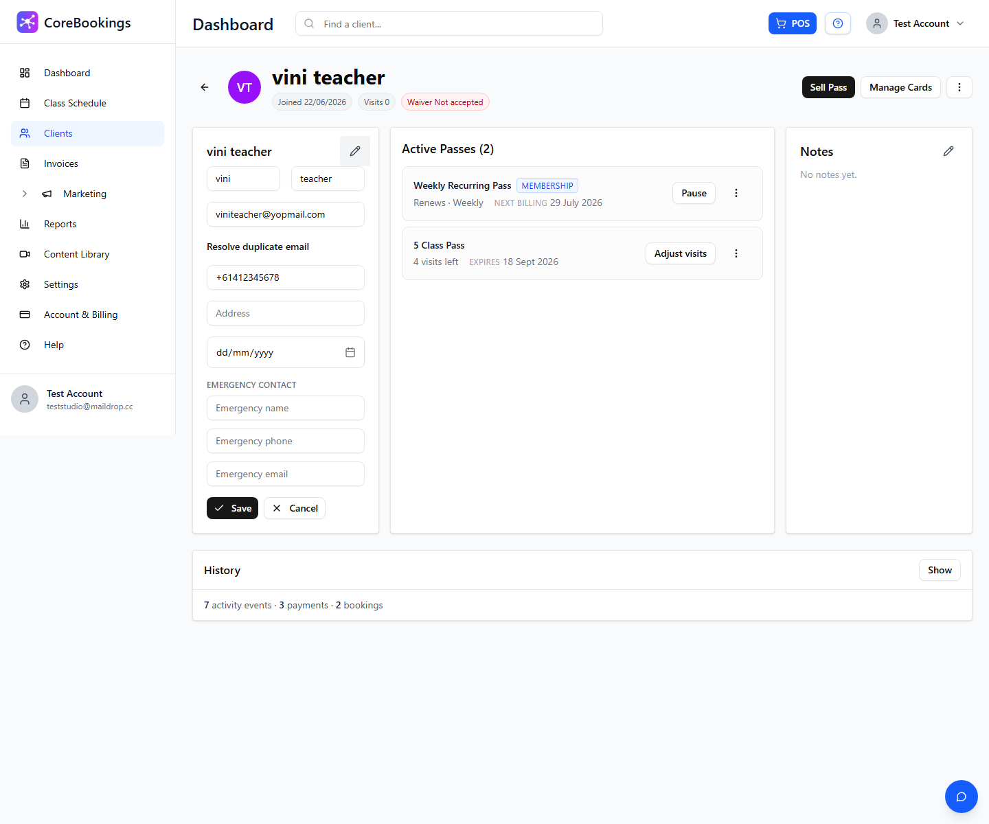 CoreBookings client profile edit form showing Resolve duplicate email link