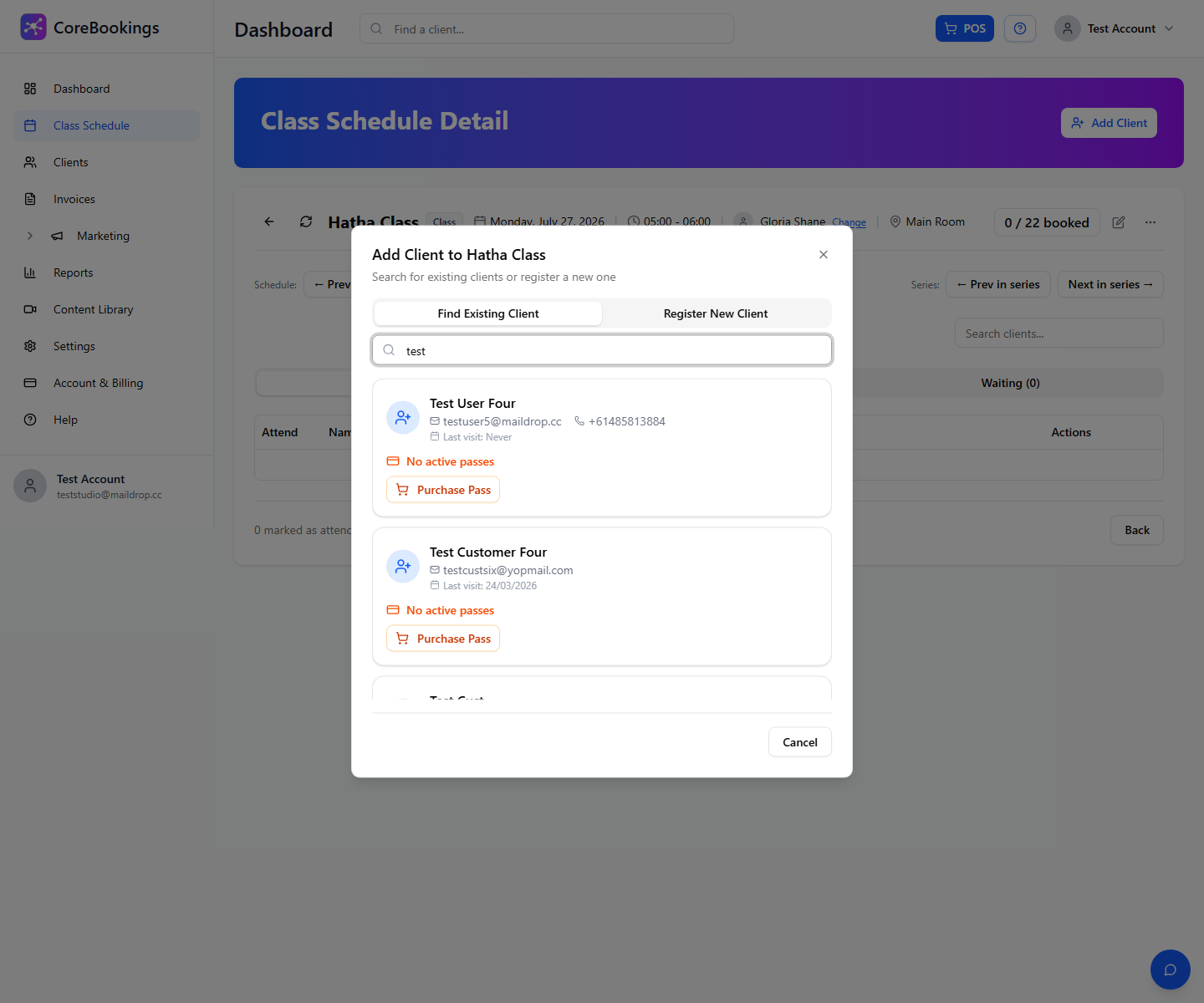 CoreBookings Add Client modal for a client with no active pass