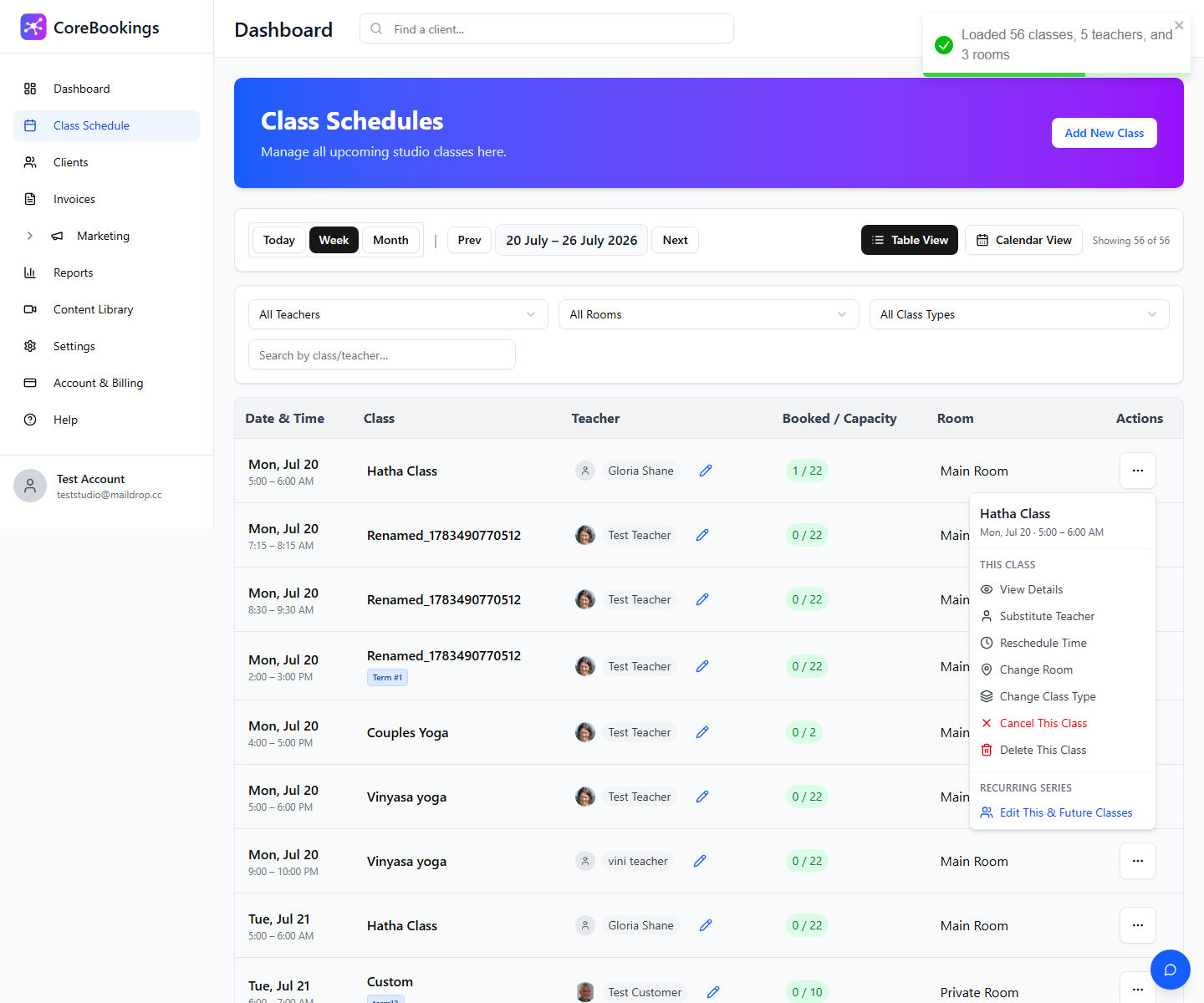 CoreBookings Class Schedule actions menu showing This Class and Recurring Series options