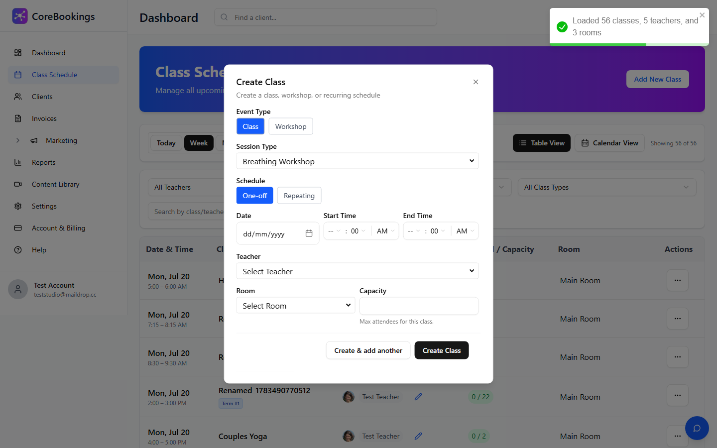 CoreBookings Create Class modal with session type, teacher, room and schedule options