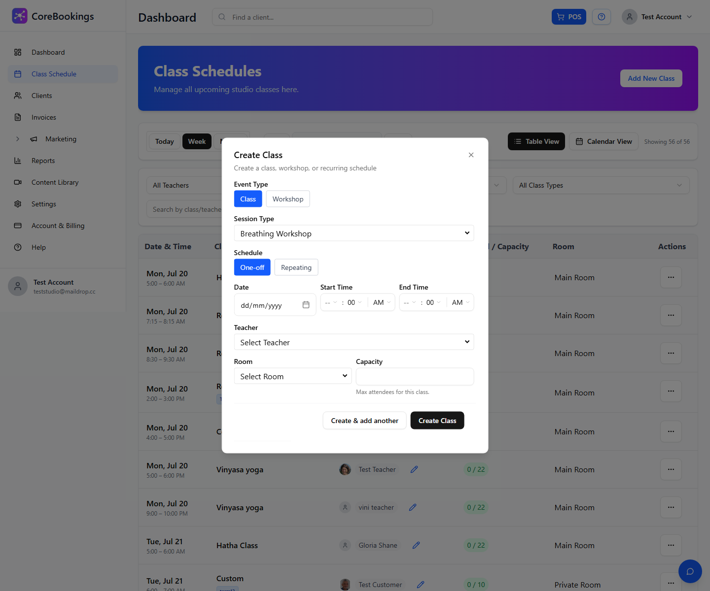 CoreBookings Create Class dialog showing Session Type