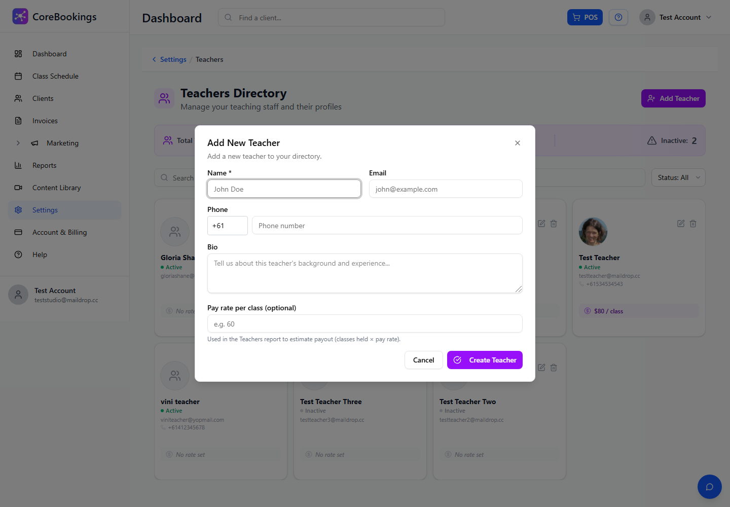 CoreBookings Add New Teacher dialog with name, email, phone, bio, and pay rate fields