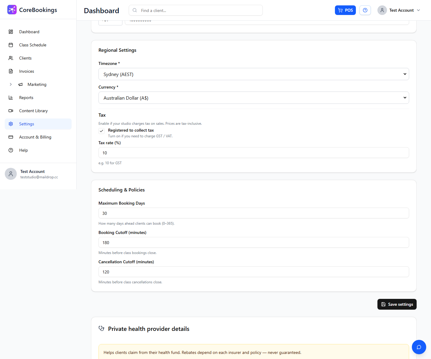CoreBookings Business Settings showing Maximum Booking Days under Scheduling and Policies
